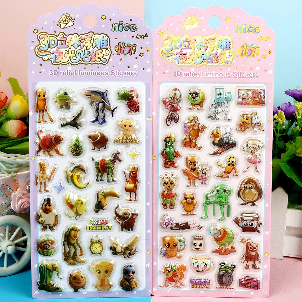 Cute Italian Brainrot Cartoon 3D Relief Stickers Funny Tung Tung Tung Sahur Bubble Decals Waterproof Decoration Sticker Toy
