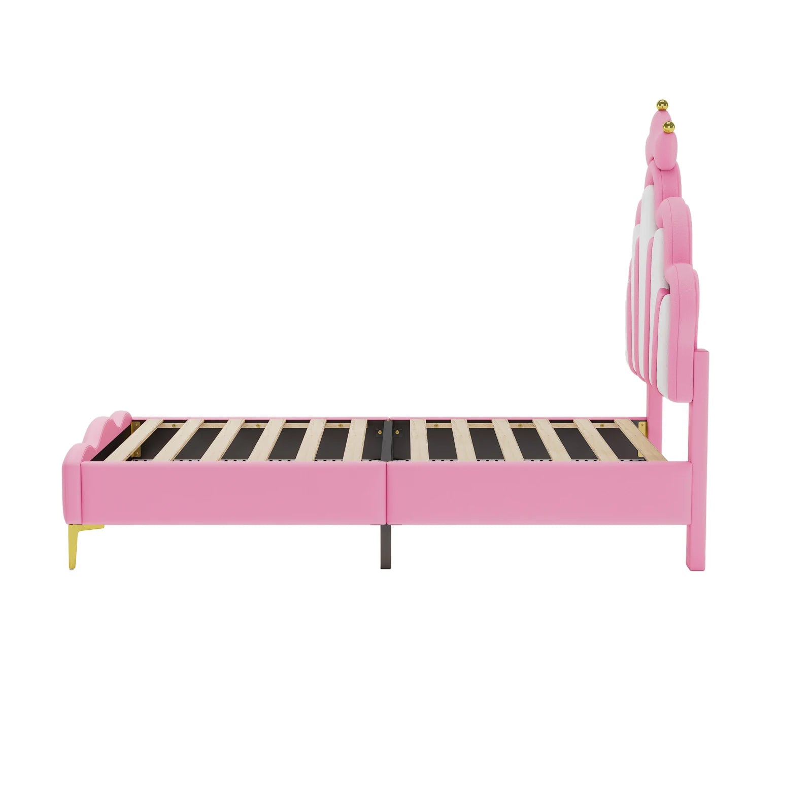 Comanlai Children's Bed  90x200cm with LED Light and Crown-shaped Headboard,Upholstered Bed with Slatted Frame,PU Leather,Pink