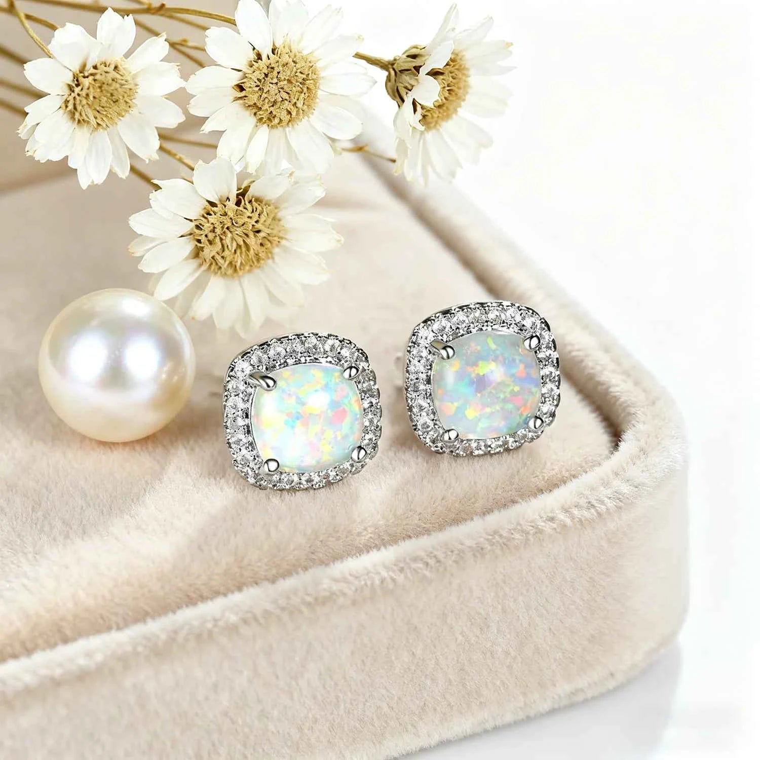 Multi-Color Available Opal Stone & Zirconia Earrings,Elegant Square Opal Studs,Silver Color Daily Luxury Jewelry,Gift for Women