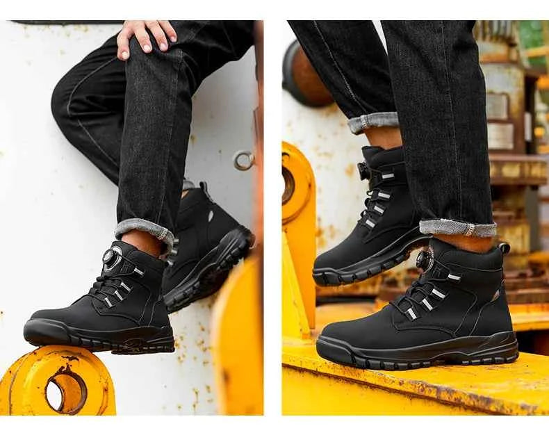 Leather Non Slip Work Boots for Men Rotating Button Safety Shoes Steel Toe Sneaker Male Puncture Proof Protective Boots