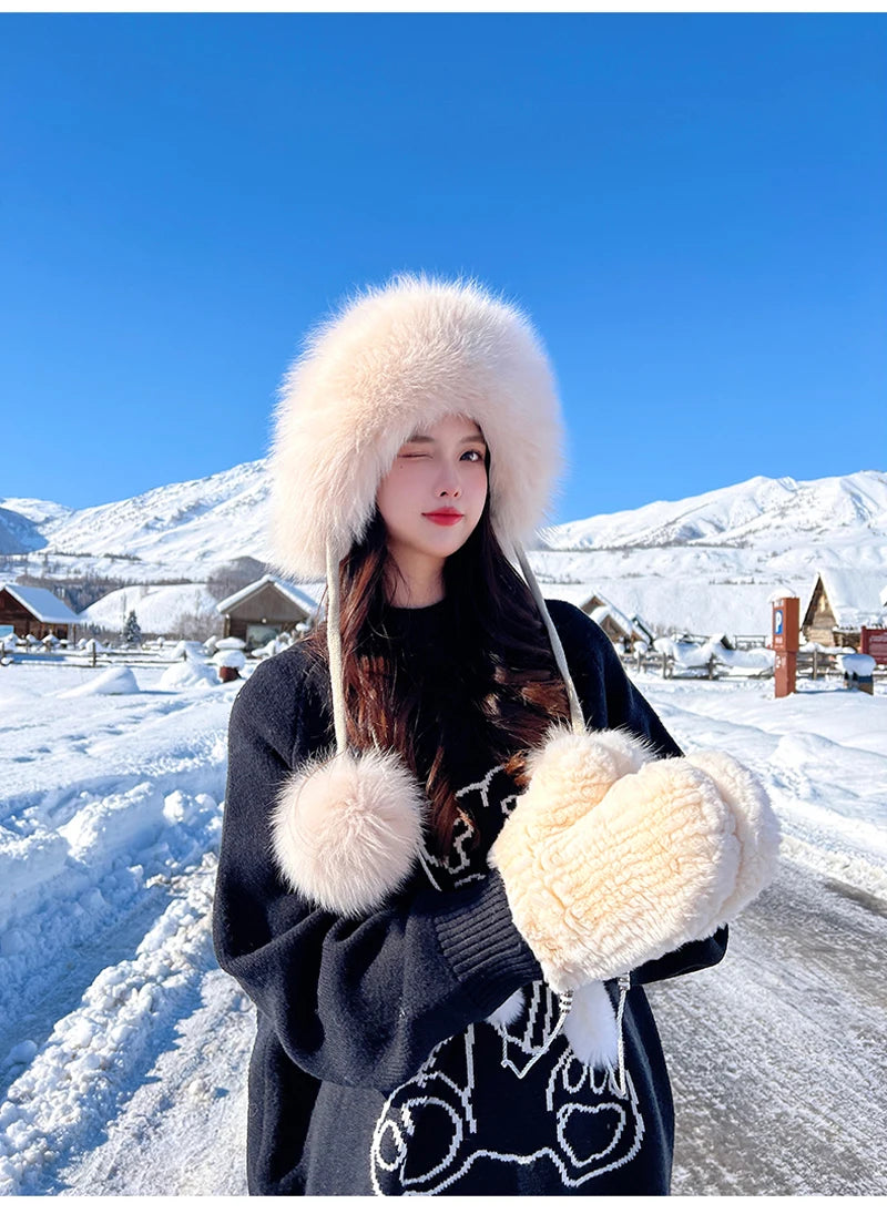 Winter Women Real Fox Fur Hat Fashion Casual Outdoor Warm Knitted Hats Girl Lovely 100% Natural Fox Fur Ear cap bomber caps