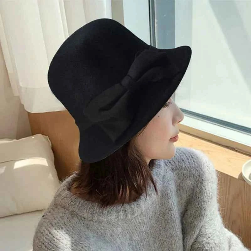 Women Elegant Wool Felt Fedoras Hat Autumn Winter Warm Solid Color Bow Bucket Dome Cap Ladies Fashion Retro Church Top Hats