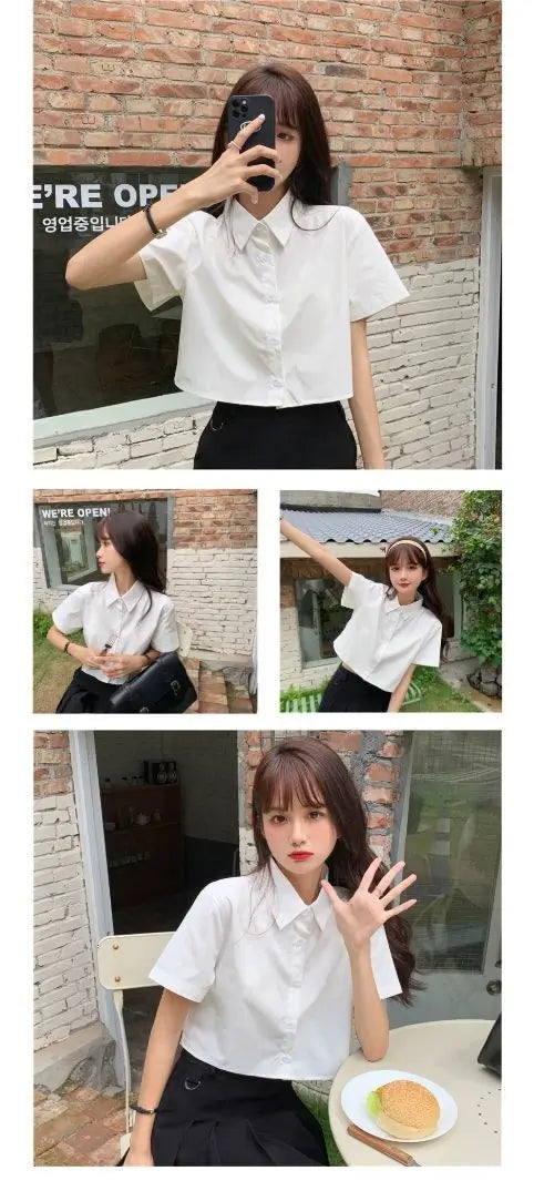 Oversize Cropped White Shirt Women Summer Short Sleeve Polo Neck Button Down Basic Short Sleeve Shirts Korean Female Blouses