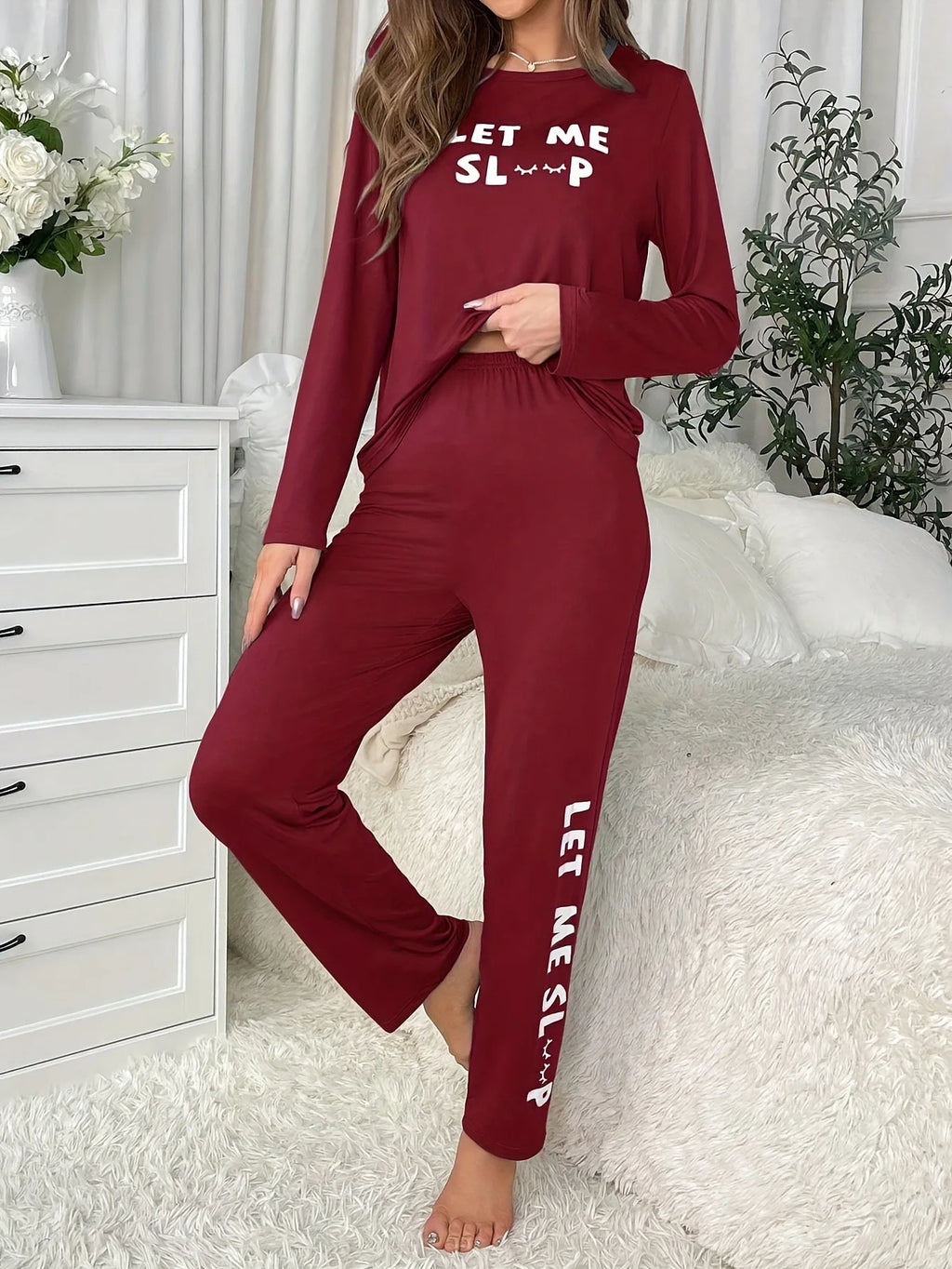 Women's Letters Print Pajamas Set Solid Simple Style Long Sleeve Crew Neck Top And Elastic Pants Trendy Women's Sleepwear