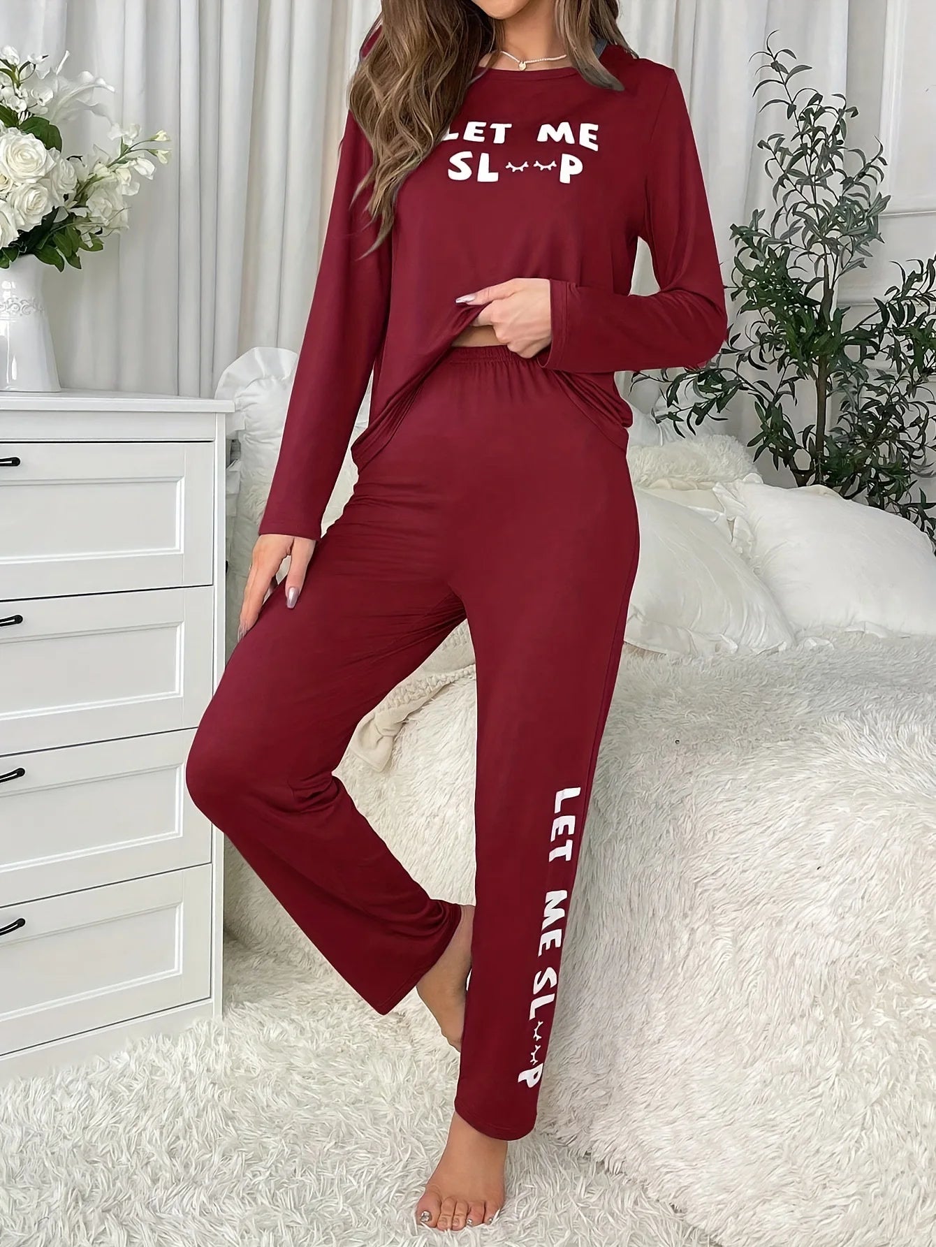 Women's Letters Print Pajamas Set Solid Simple Style Long Sleeve Crew Neck Top And Elastic Pants Trendy Women's Sleepwear