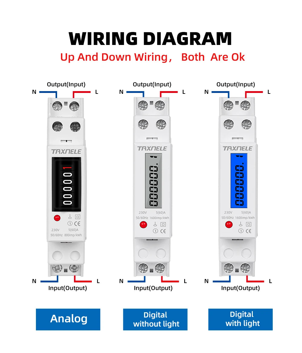 18mm Single Phase 1P 2 Wire Digital Wattmeter Power Consumption Analog Energy Meter kWh AC 230V 50Hz LCD Electric Din Rail Mount