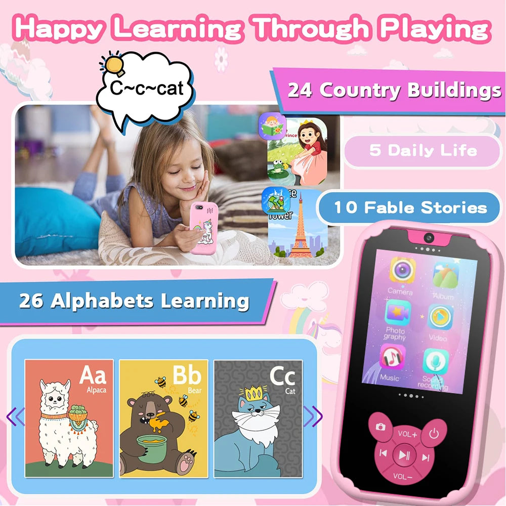 Interesting Kids Smart Learning Phone,8GB Memory Game Gift Educational Toy with Dual Camera &Music Player for Ages 3-12 Birthday