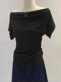 Summer One Shoulder Black Women's T-shirt Short Sleeve Korean Style Slimming Top Exposed Shoulder Fashionable