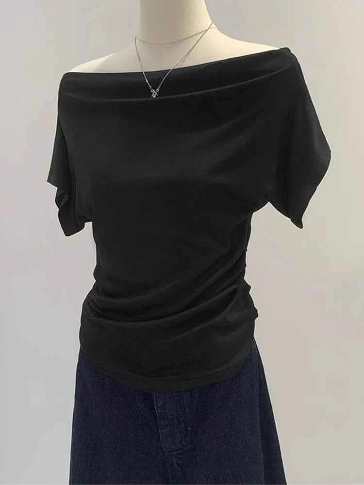 Summer One Shoulder Black Women's T-shirt Short Sleeve Korean Style Slimming Top Exposed Shoulder Fashionable