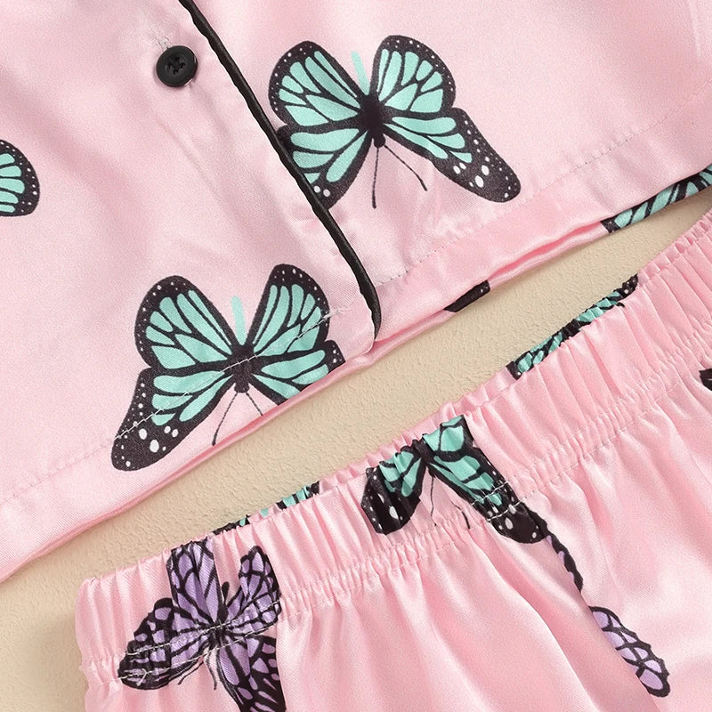 Kids Girls Summer 2PCS Pajama Sets Short Sleeve Lapel Shirt Butterfly Print Pants Loose Sleepwear for 1 Years to 7 Years
