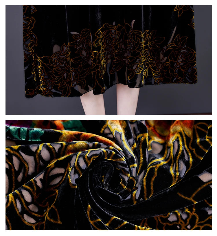 Large Size Gold Velvet Dress Women's Autumn New High-End Mulberry Silk Burnt Flower Dress Luxurious Temperament Vestidos