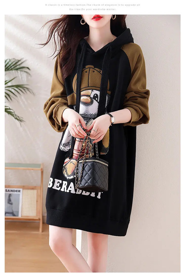 Winter Women Clothing Oversized Cartoon Fleece Dress New Hooded Drawstring Thicken Warm Female Casual Midi Long Sleeve Dresses