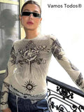 Y2k Aesthetic Punk Clothes Graphic Tees Women Gothic Fashion Full Sleeve Woman Tshirts See Through Streetwear Egirl Tops T Shirt