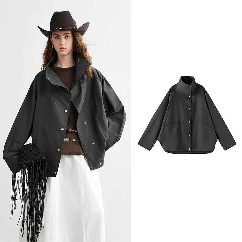 TOYOUTH Women's 2026 Spring New Loose Stand-Collar Utility-Style Lightweight Jacket Coat with Slub Wrinkle Texture