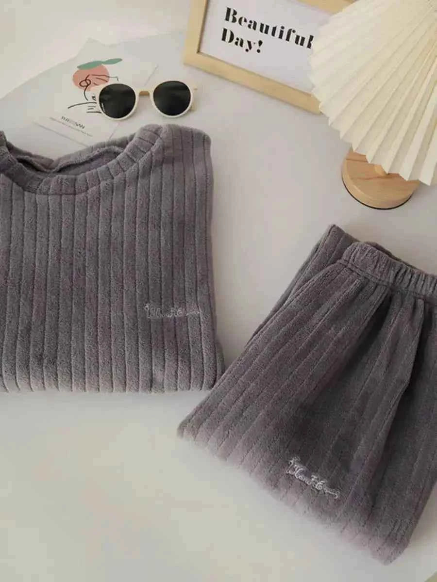 Winter Flannel Two-piece Loose Casual New O-neck Striped Coral Fleece Top Elastic Waist Pants sets Women's Pajamas Set Sleepwear