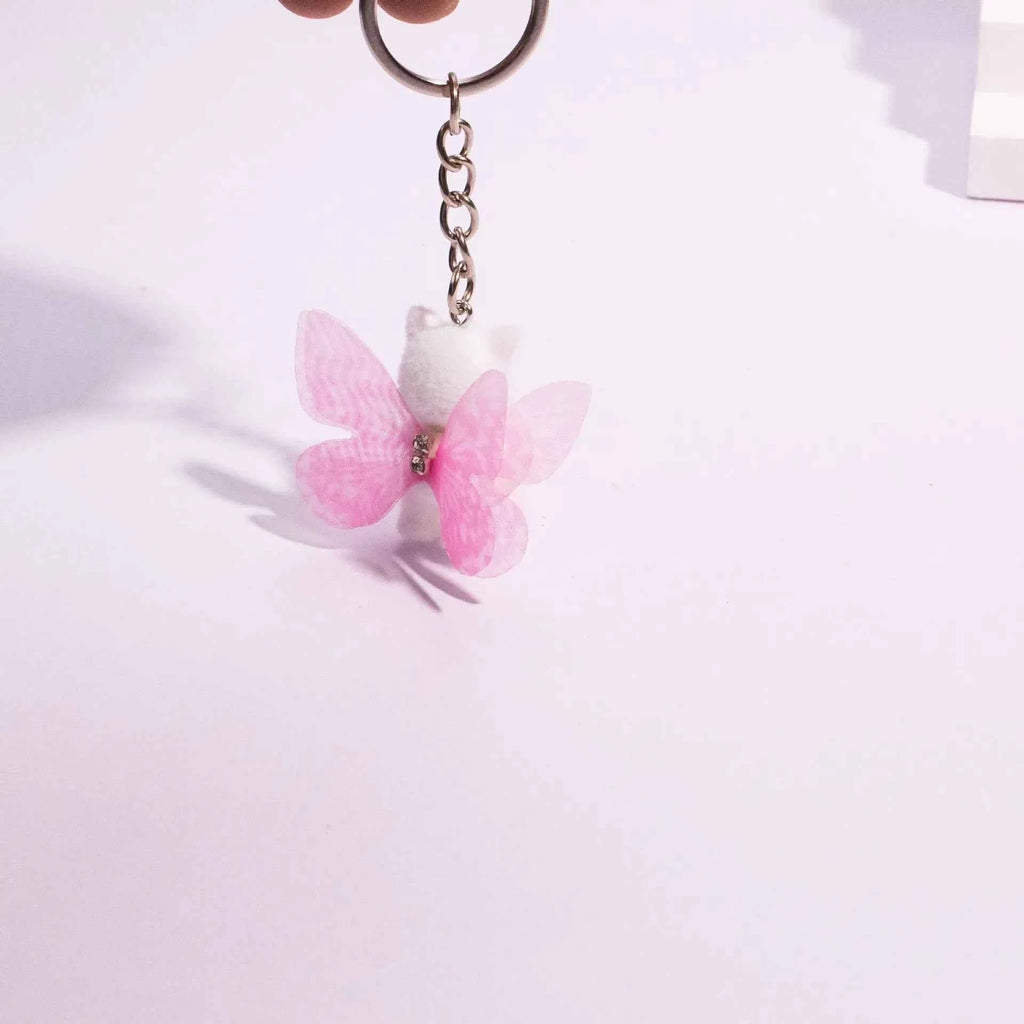 Adorable Flocking Cat Keychain - Butterfly Wing Design, Cute Bag/Car Charm, Perfect Gift for Cat Owners & Pet Lovers