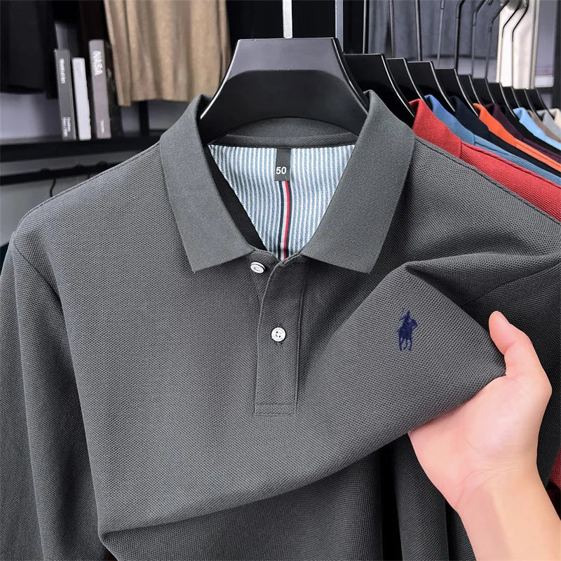100% cotton high-end brand long sleeve polo shirt new Paul pony embroidery luxury comfort men's business leisure lapel T-shirt