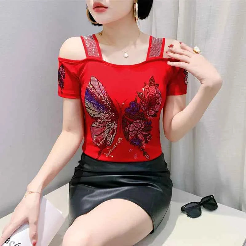 New Arrival Summer European Clothes Women's T-Shirts Chic Luxury Butterfly Hot Diamonds Tees Sexy Girl Slim Streetwear Tops