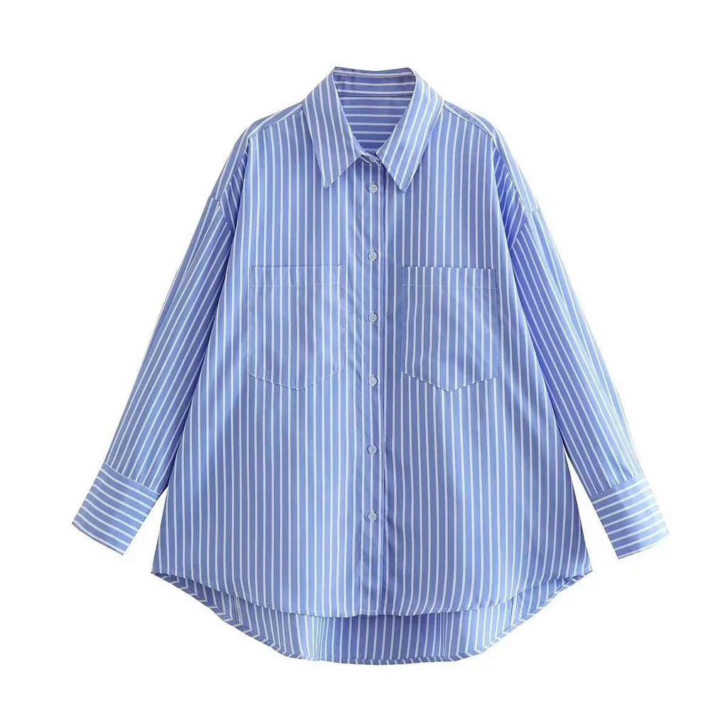 Women 2025 Pocket Stripe Printed Shirt Fashion Single Breasted Vintage Long Sleeve Spring Autumn Causal Elegant Loose Tops