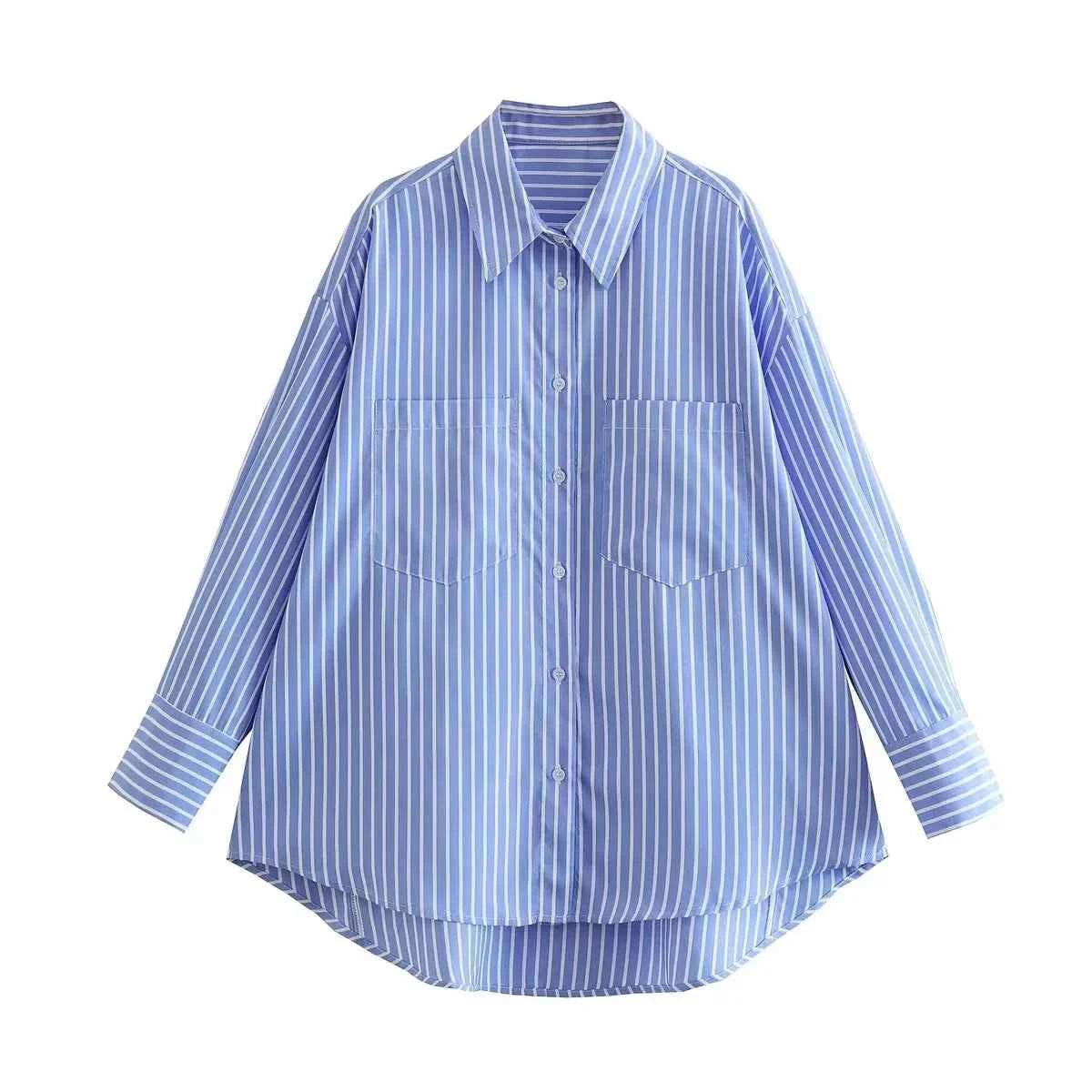 Women 2025 Pocket Stripe Printed Shirt Fashion Single Breasted Vintage Long Sleeve Spring Autumn Causal Elegant Loose Tops