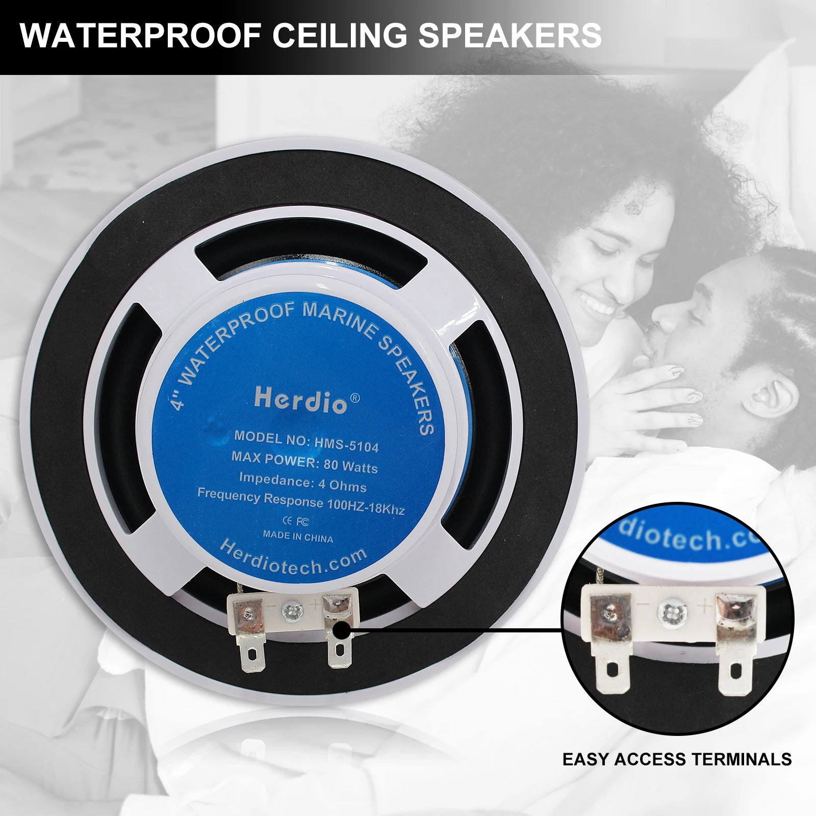 Herdio 4 Inch Ceiling Bluetooth Speakers Water Resistant 160W Marine Speakers For Bathroom Kitchen Home Outdoor Camper 2PCS