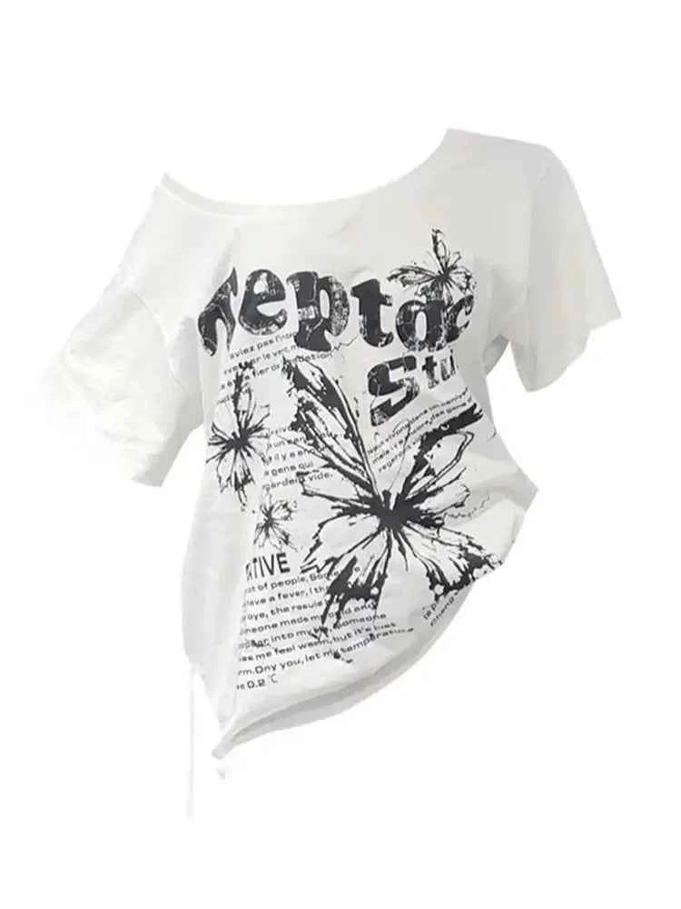 White Cotton Y2k Vintage Oversize Off shoulder Short sleeve T shirt With Print Women Casual Summer Top Butterfly Tees