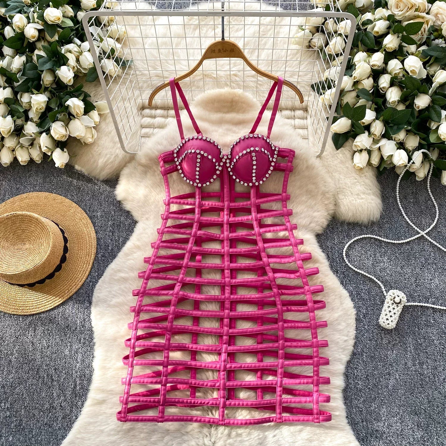 Vintage Hollow Out Elegant Rhinestone Chic Sleeveless Slim Straps Dresses Korean Fashion Evening Party Women Summer Clothing