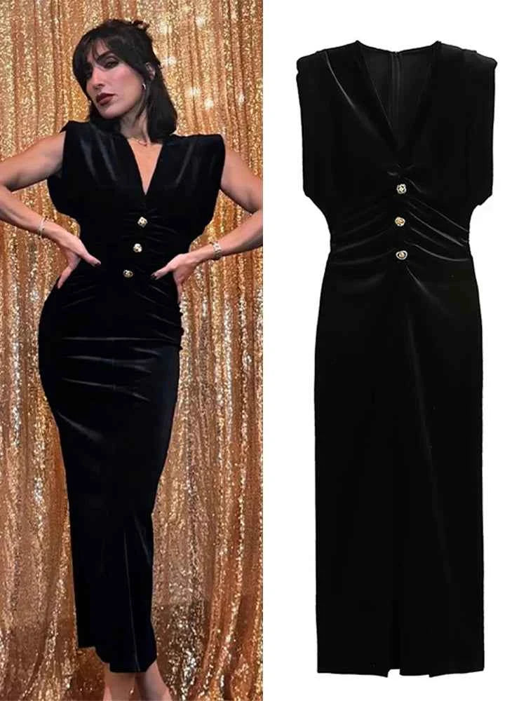 Elegant Velvet Long Dress Women V Neck Sleeveless High Waist Shoulder Pad Dresses Female 2025 Fashion Evening Vent Dresses Lady