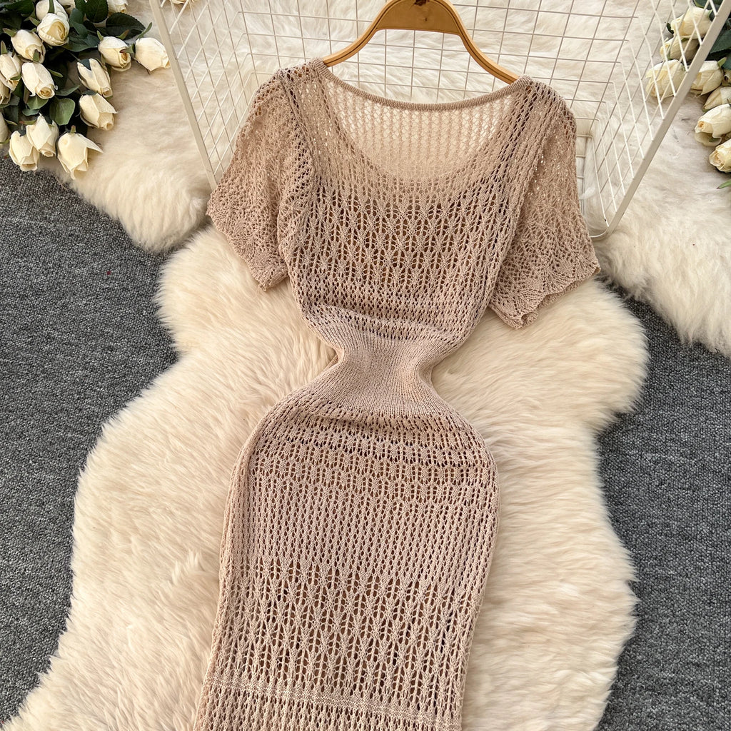 Women Hollow Knitted Dress Summer Flower Short Sleeved Fishtail Bodycon Dress with Camisole Dresses Vintage Party Long Robe