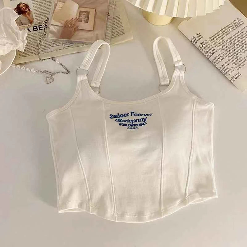Women Crop Top Summer Y2K Lrregular Hem Slim Tank Tops Casual Sexy Female White Streetwear Letter Tank Tops With Pad Woman