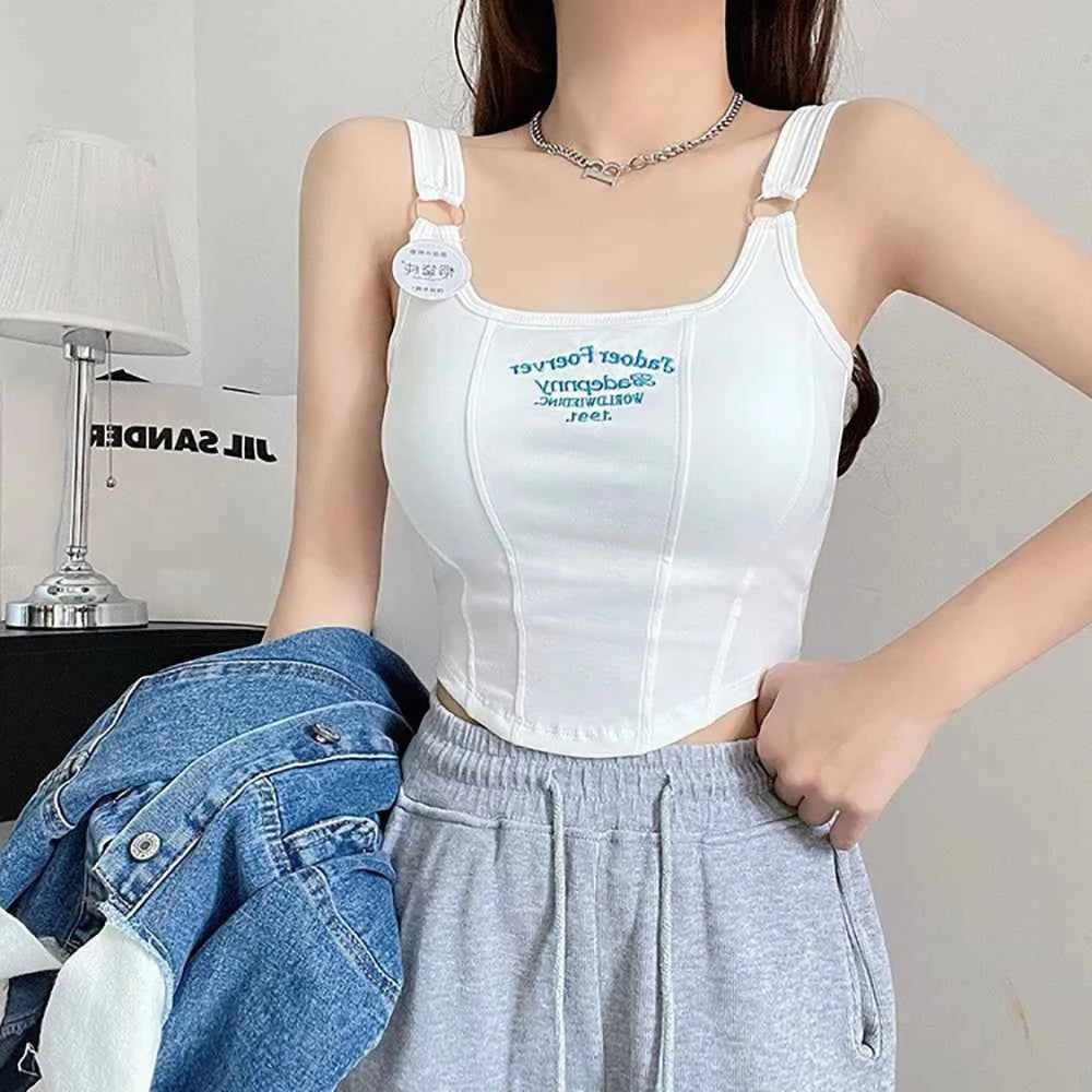 Women Crop Top Summer Y2K Lrregular Hem Slim Tank Tops Casual Sexy Female White Streetwear Letter Tank Tops With Pad Woman