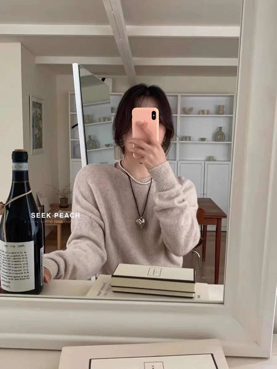 100% pure cashmere sweater women's round neck pullover long sleeve sweater loose short soft waxy knit bottom sweater