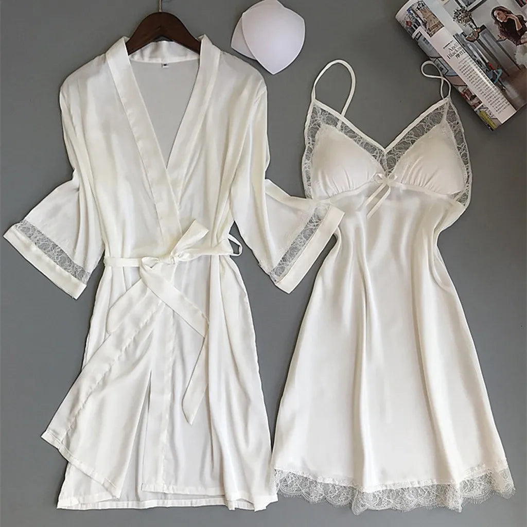2pcs Women Pajamas Suit Silky Satin Nightgown Nightdress Set Lace Patchwork Lace-Up Women Bathrobe Sleepwear Set