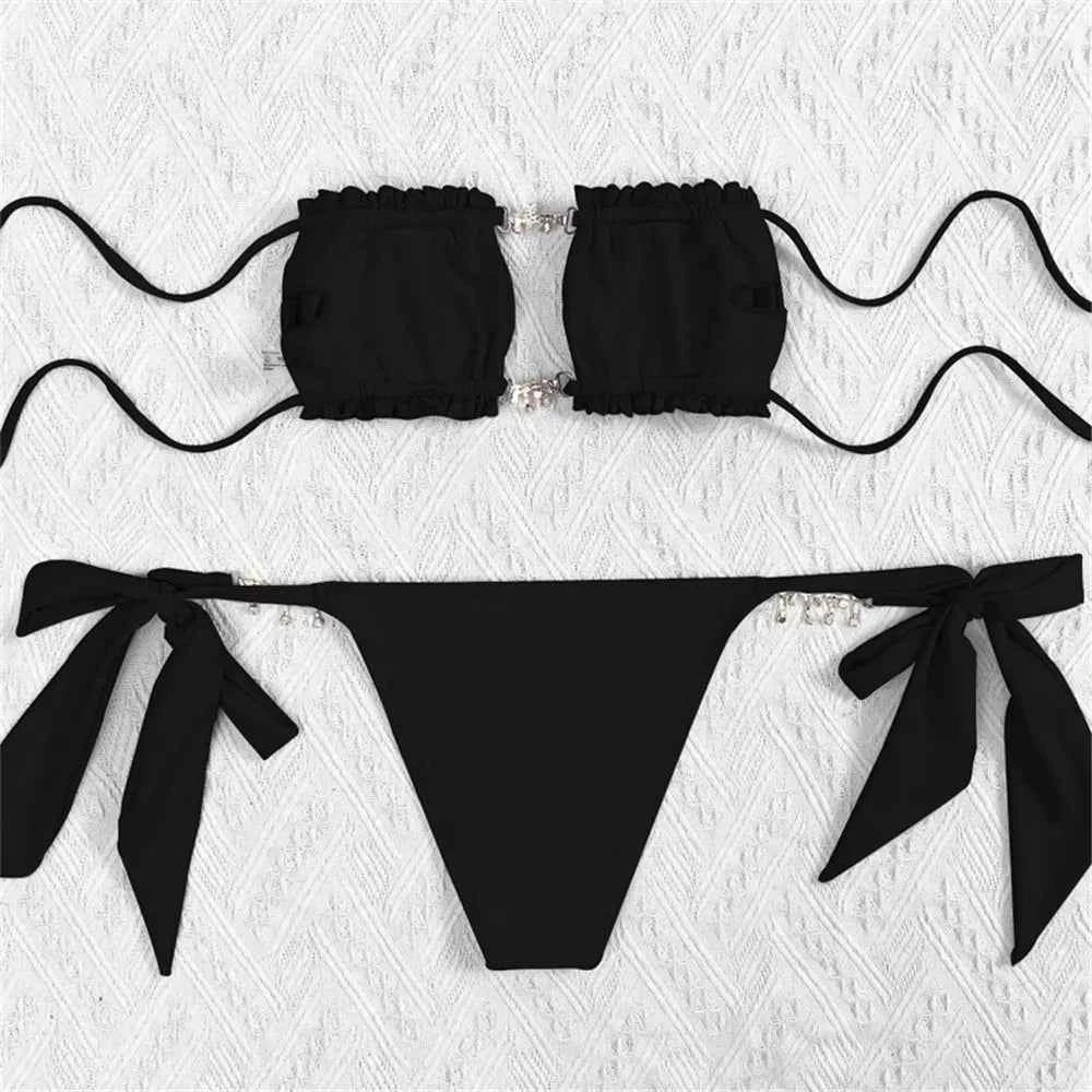 Sexy Rhinestone Chain Micro Thong Bikini Women Swimwear Ruffled Bandeau Swimsuit Knotted Bathing Swimming Suit Bikinis Sets 2026