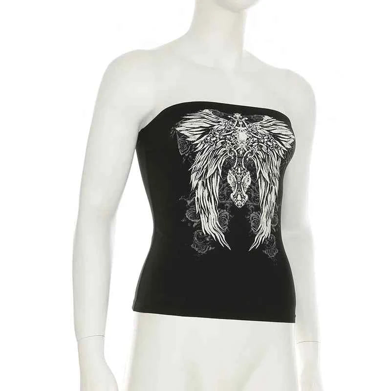 Gothic Print Black Strapless Tube Top Women Skinny Cropped Summer Casual Chic Graphic Tee Y2K Streetwear Basic Vest