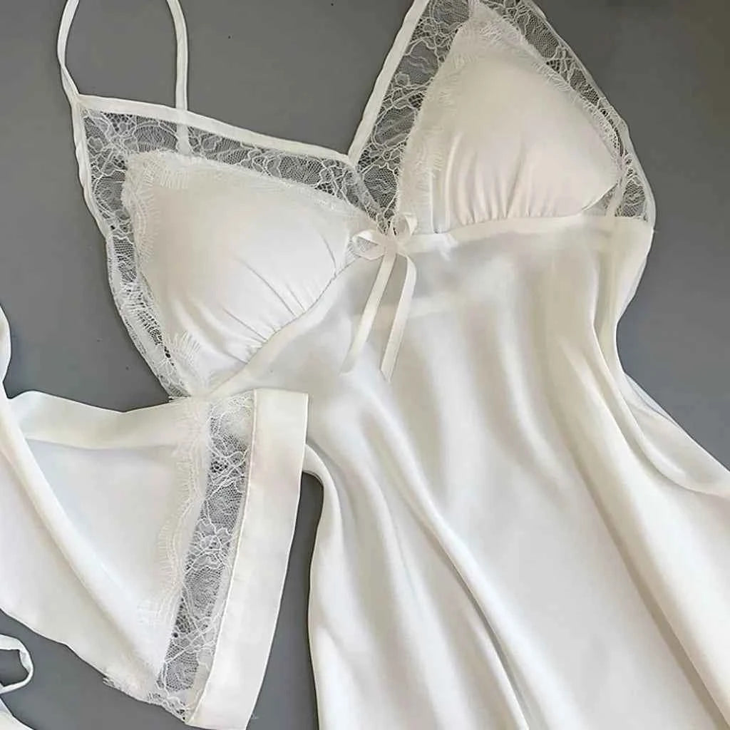 2pcs Women Pajamas Suit Silky Satin Nightgown Nightdress Set Lace Patchwork Lace-Up Women Bathrobe Sleepwear Set