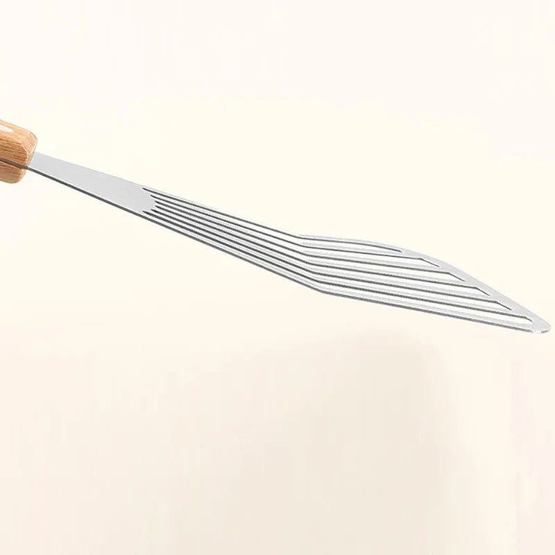1PC Stainless Steel Fish Frying Shovel with Wooden Handle Fan-shaped Shovel Household High-temperature Frying Shovel