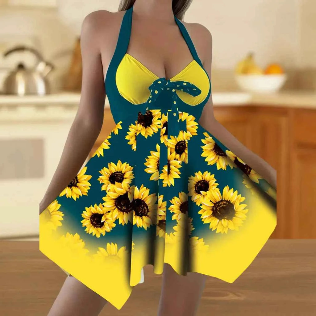 New 2025 Women's Two-Piece Bikini Set Yellow Sunflower Print Maxi Dress Style Swimsuit Floral Patterned Separate Swimsuit