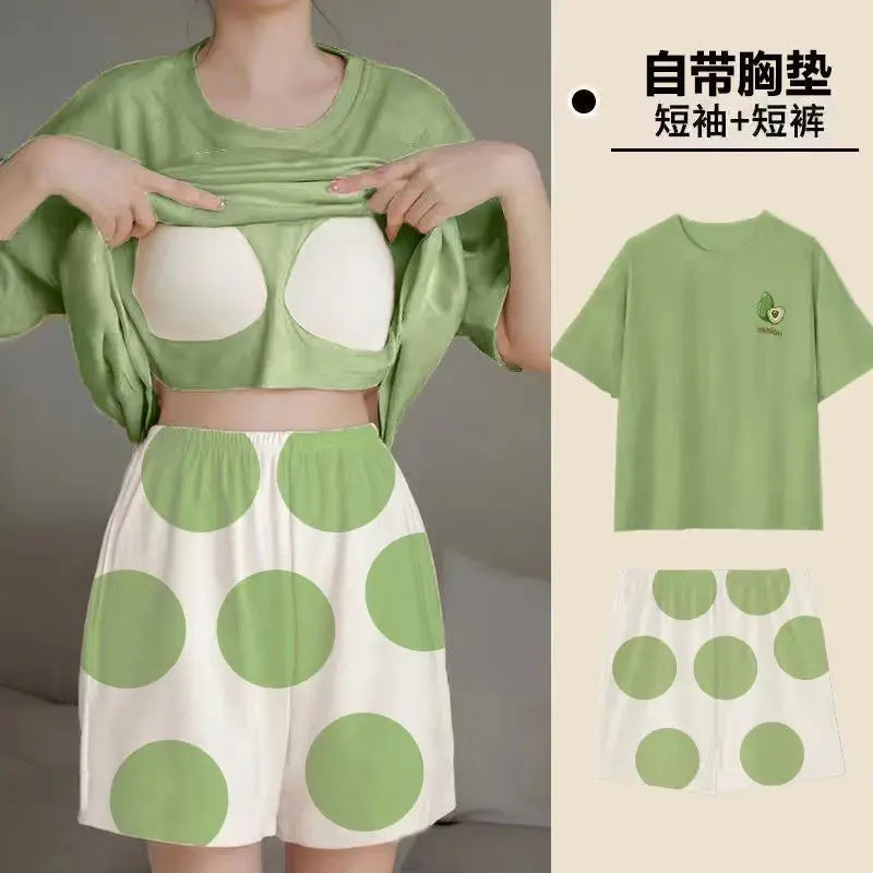 Summer Women's Pajamas Set Sleepwear 2 PCS - Short Tank Tops and Shorts with Chest Pad Womens Printing Pyjama Home Leisure Suit