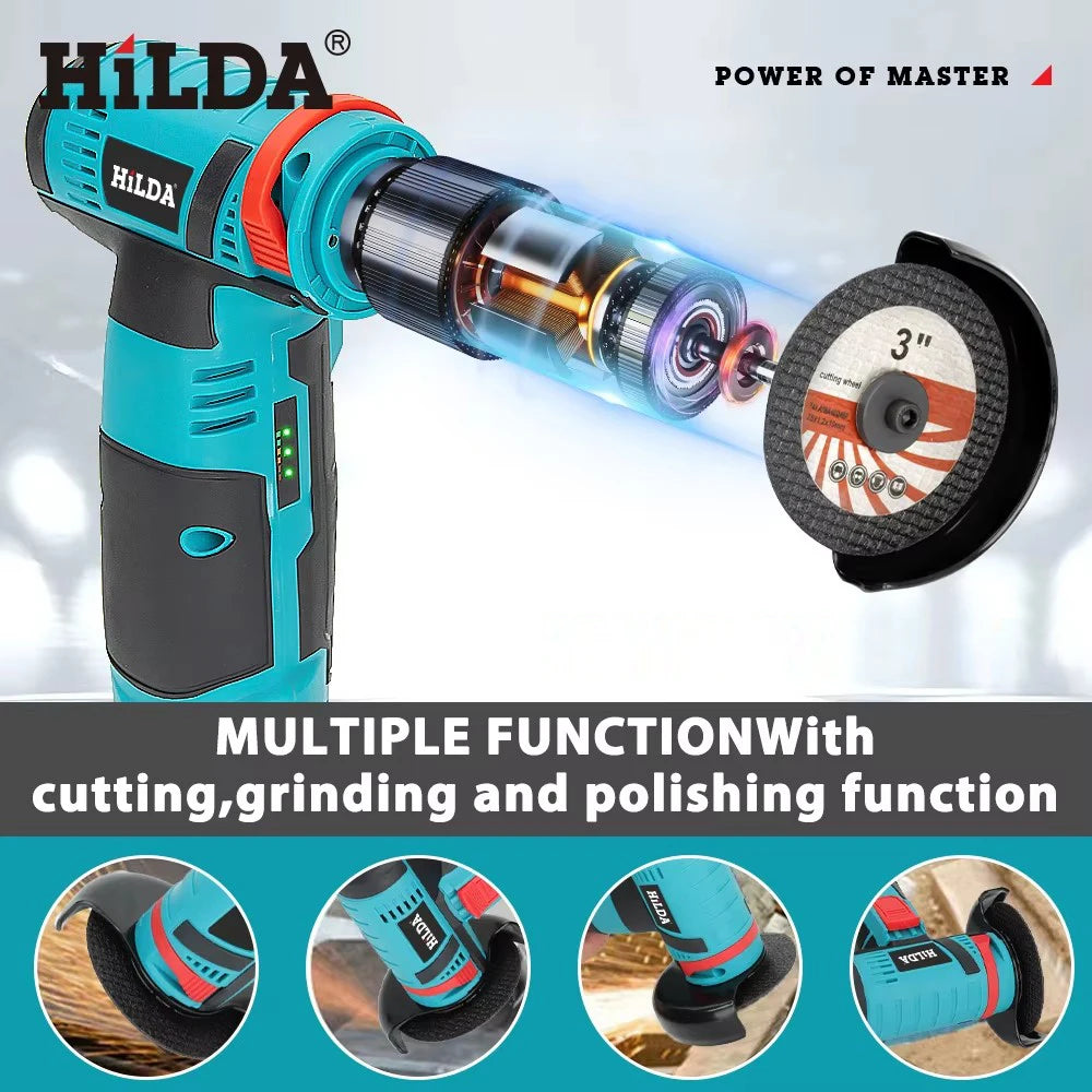HILDA 3 inch 12V Miniature Rechargeable Angle Grinder with Battery Cutting Blade Polishing Grinder for Cutting Diamond Cordless