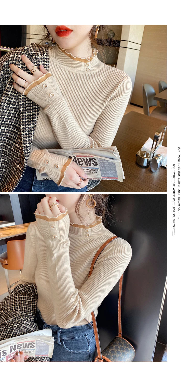 2026 Knitted Women Sweater O-neck Button Pullovers Autumn Winter Basic Sweaters for Female Pullover Slim Solid Bold Lace Tops