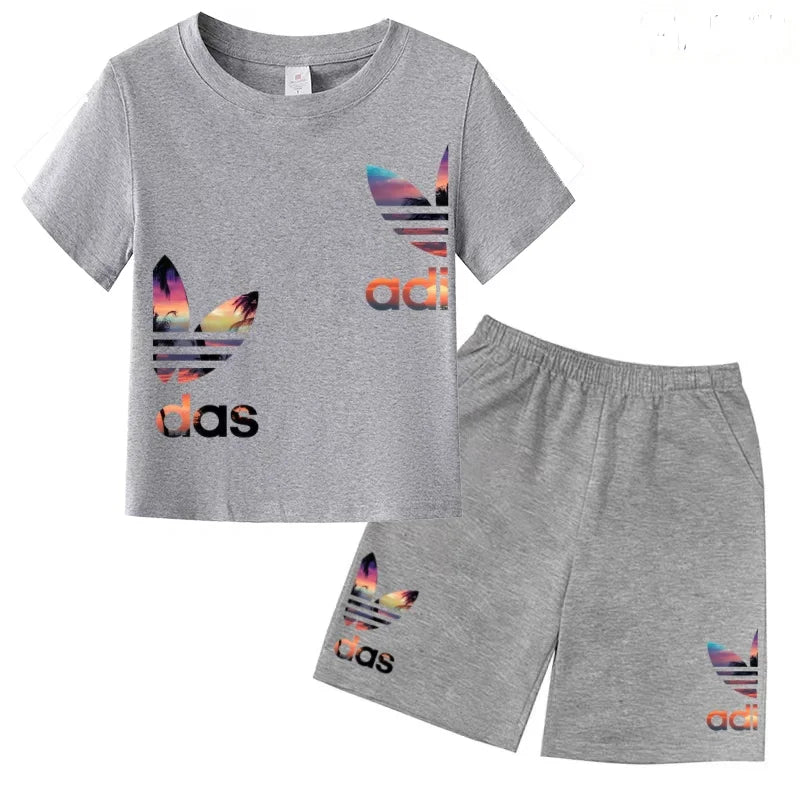 Kids T-shirt Set Colorful Letter Print Boys Girls 3-12Yrs Gift Short-sleeved+shorts 2P Round Neck Sports Casual Charming Clothes