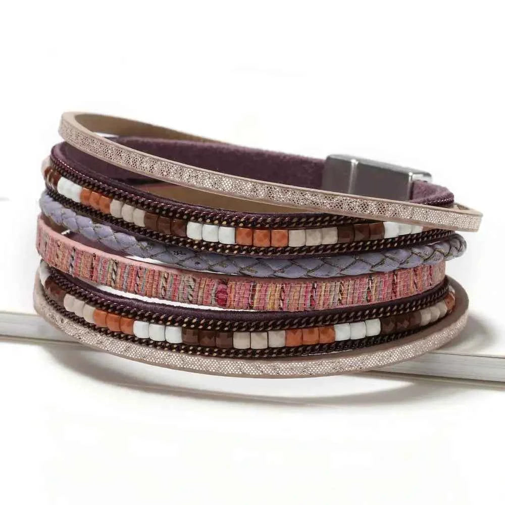Multilayer Brown Leather Bracelet For Women Fashion Creative Bohemian Hand Woven Magnetic Clasp Bracelet