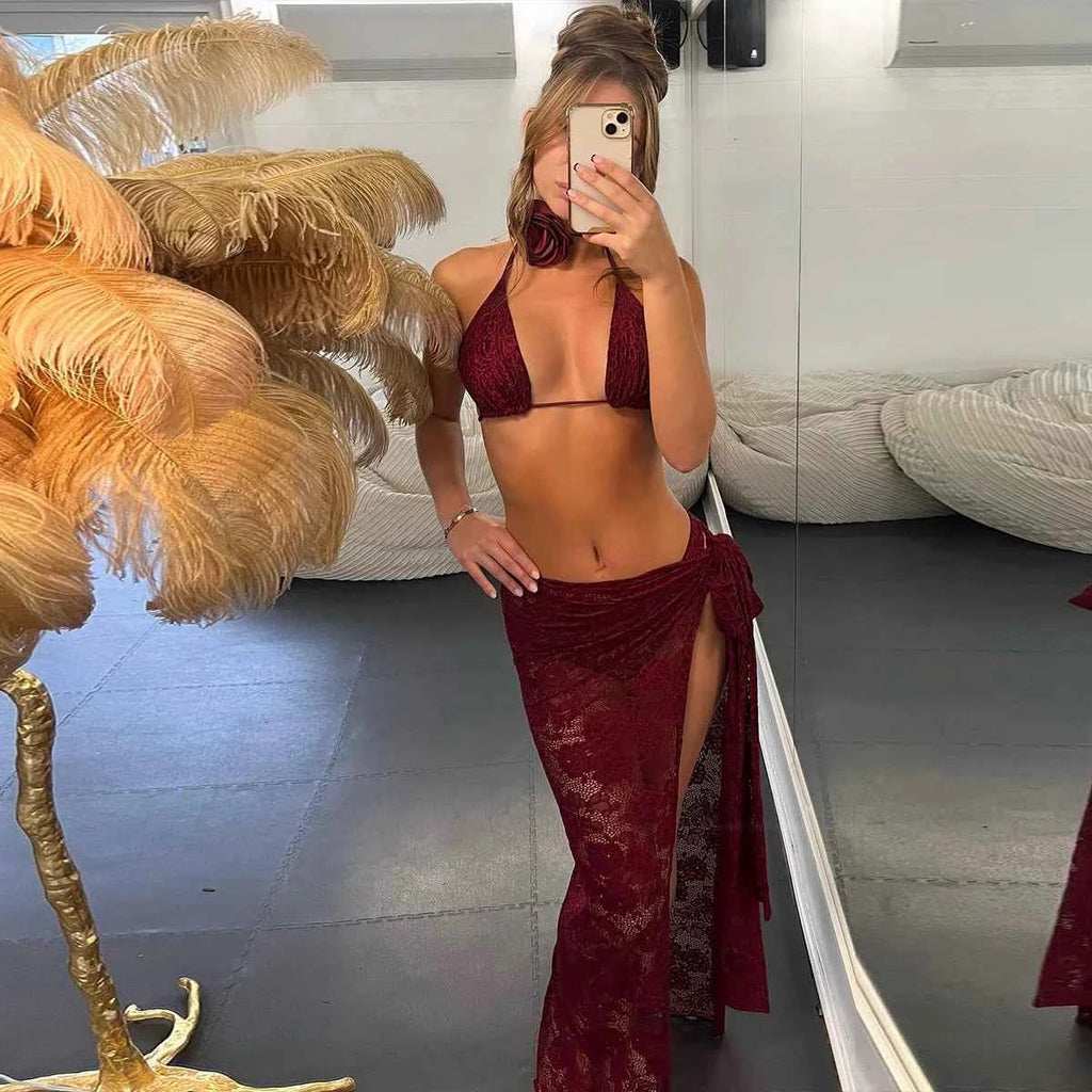 3pcs Swimsuit Sexy Bikinis 2025 Women Swimwear Crochet Dress Off Shoulder Ruffle Swim Suit Bathingsuit Beachwear Bandeau Biquini