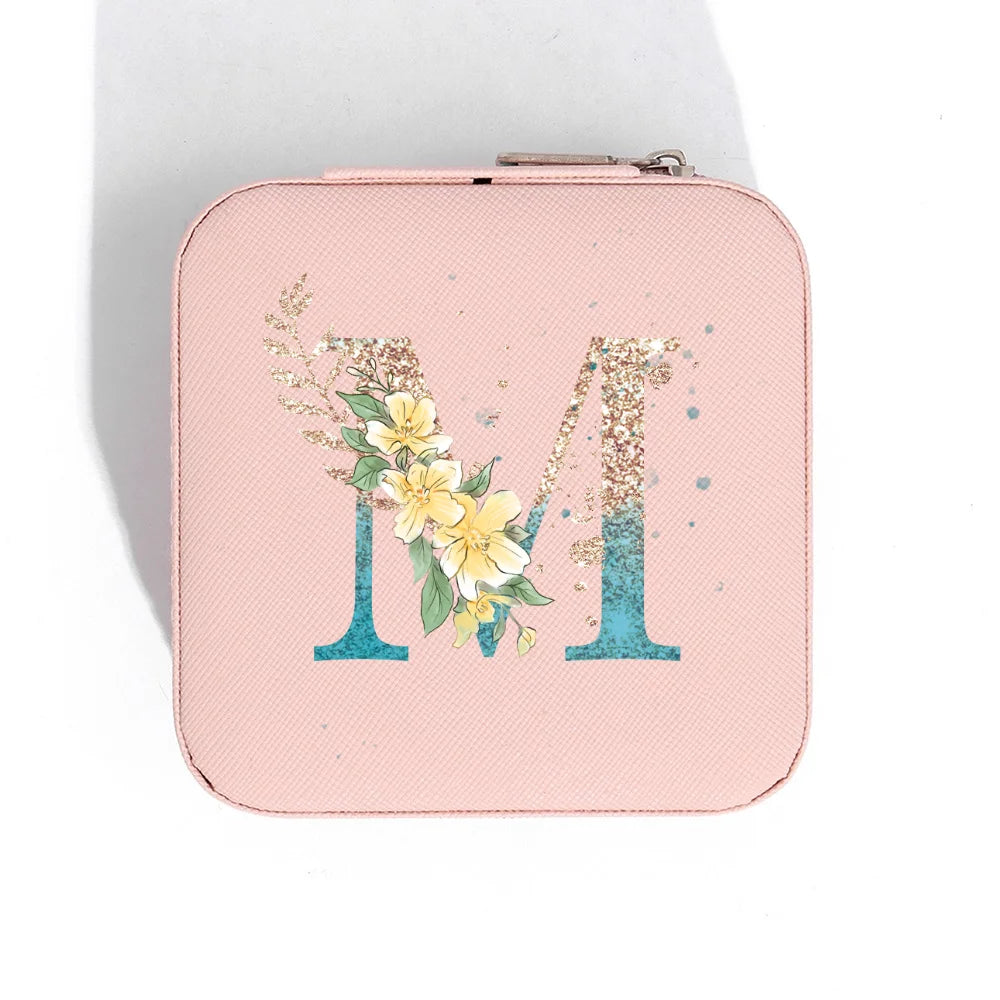 A-Z Alphabet Print Pink Travel Jewelry Organizer with Zipper Closure and Fabric Lining