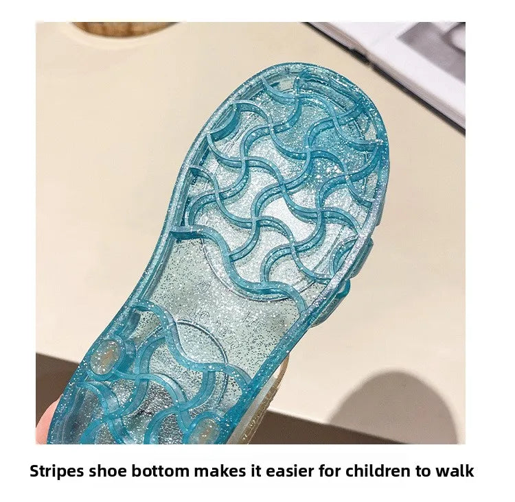 2026Kids' Sandals Ourdoor Crystal Jelly Shoes PVC Love Baby Fashion Flat For Girls Breathable Anti-slip Purple Sliver Size 24-35