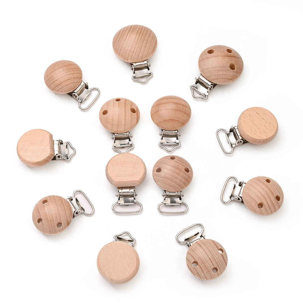 10Pcs Wooden Baby Pacifier Holder Metal Clip Beech Baby Pacifier Clips Chain Accessories Wooden Teether Toy BPA Free