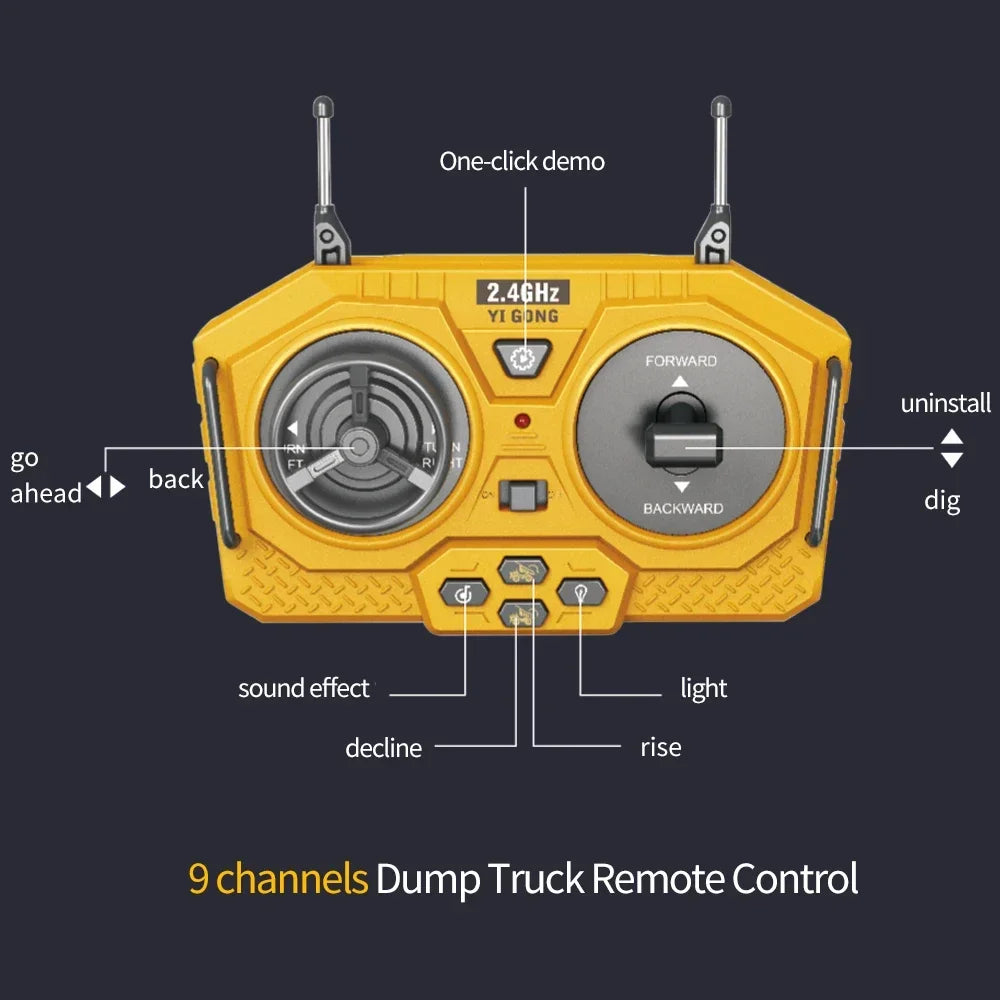 2.4G 11 Channels RC Excavator Dump Bulldozer Cart Trucks Bulldozer Alloy Vehicle  Remote Control Excavator Gift Toys for Boy