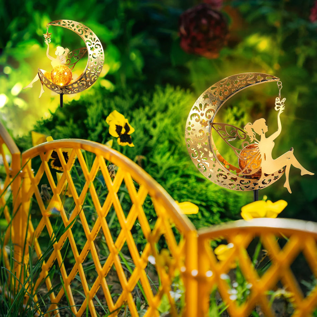 Solar Garden Lights Moon Fairy Crackle Glass Stake Lights Waterproof Warm White LED Metal Decorative Lights Outdoor Pathway
