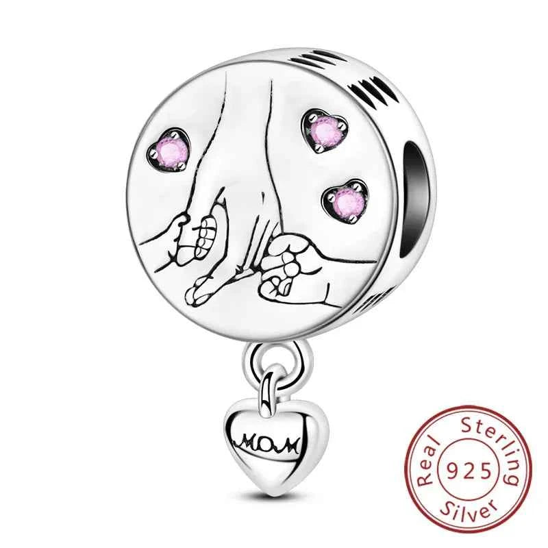 Original 925 Sterling Silver Charm Bead Mother's Day Love Heart Family Charm Bead Pendant Fits Bracelet Womens Jewelry Gifts
